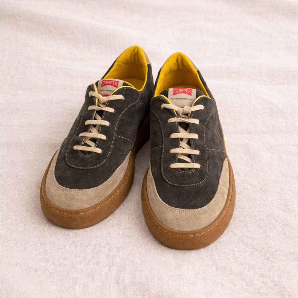 Camper Two-Tone Suede Sneakers in Charcoal, Beige and Brown